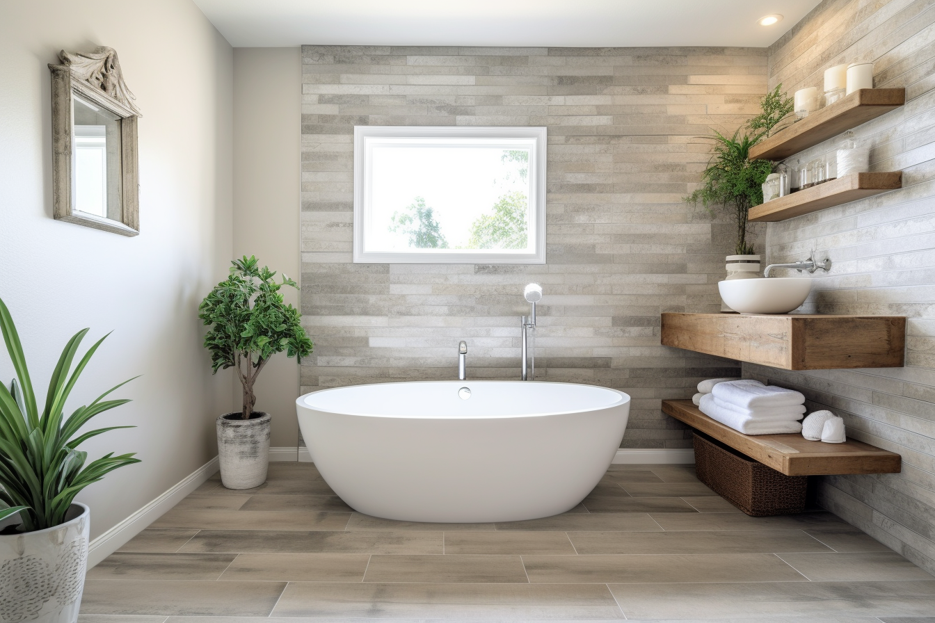 Bathroom with bath and tile floor
