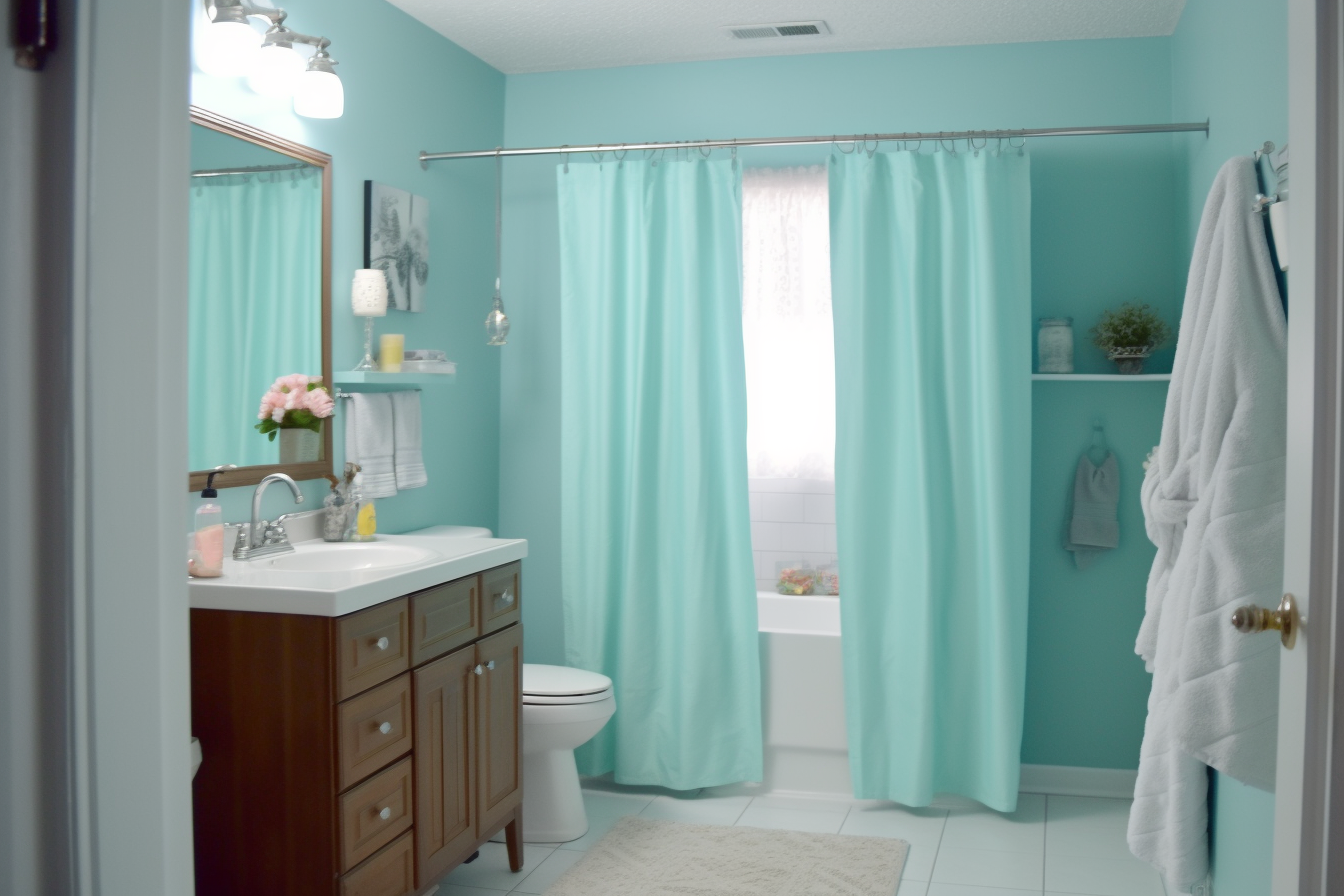 Bathroom with green shower curtain