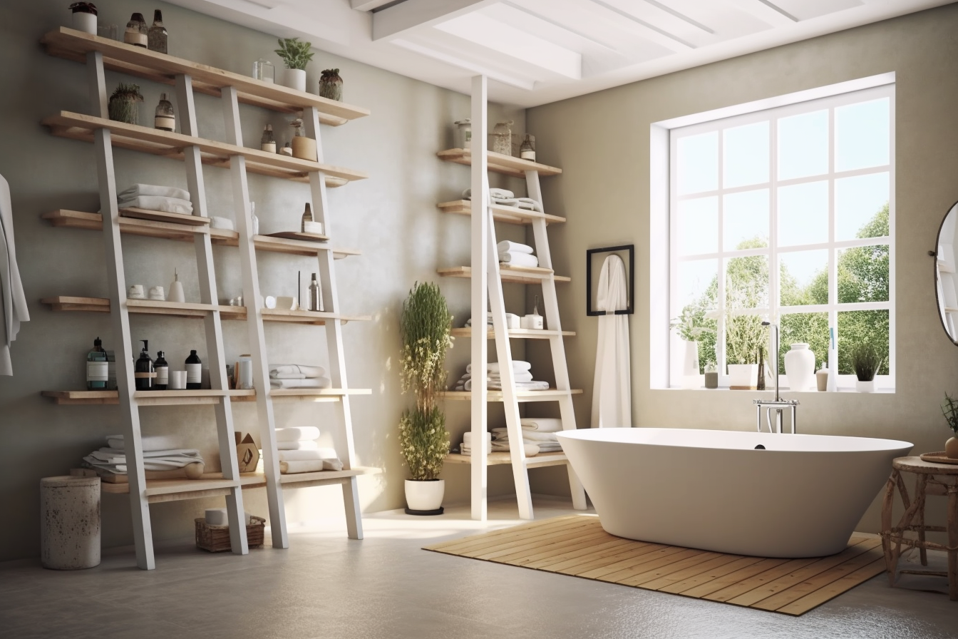 Open plan bathroom with ladders towel rails and bath