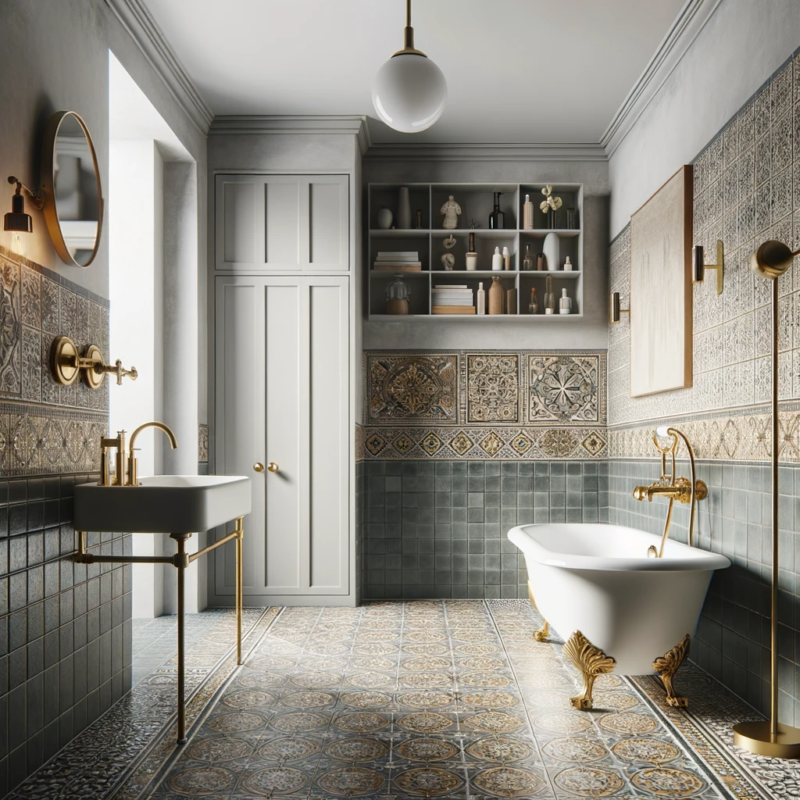A modern bathroom incorporating classic design elements. The space features a clawfoot tub, pedestal sink, and intricate tile patterns on the floor.