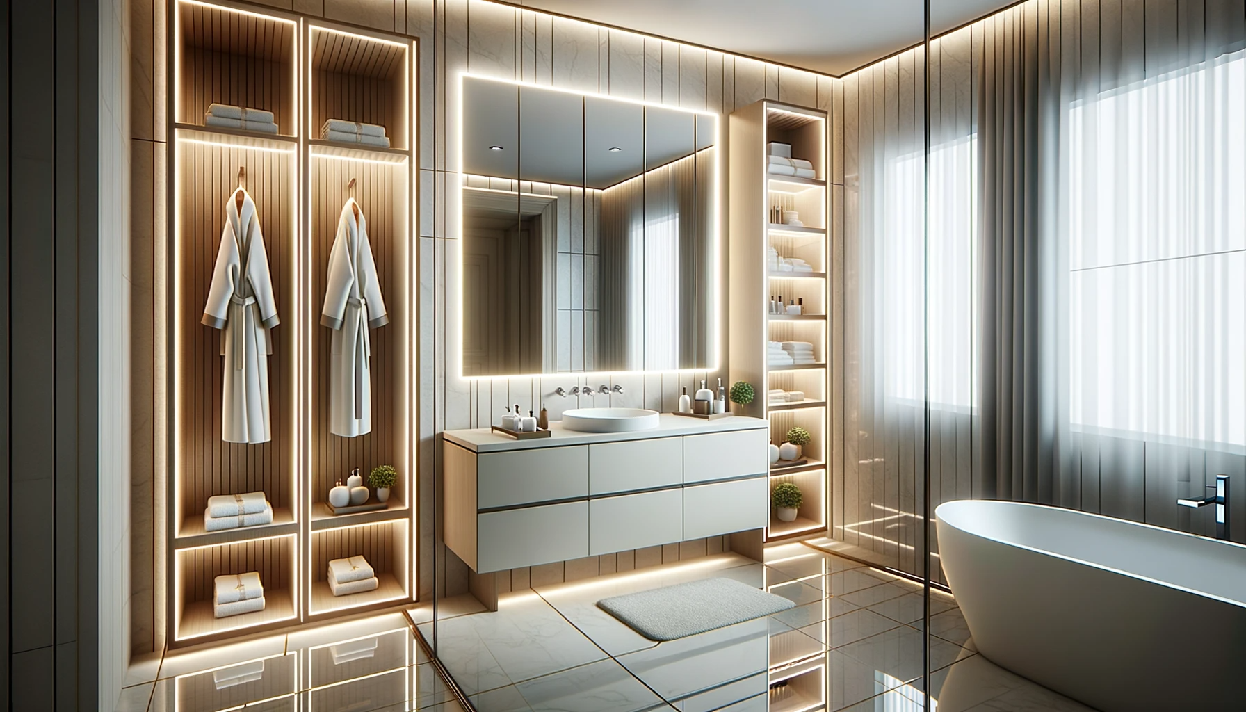 Contemporary bathroom showcasing a sleek mirror cabinet with illuminated edges and internal shelves.