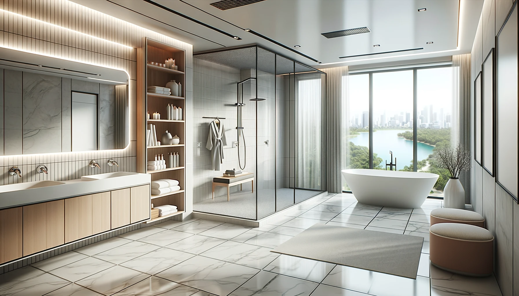 spacious modern bathroom with open shower area, freestanding tub, and just a few sleek storage options.