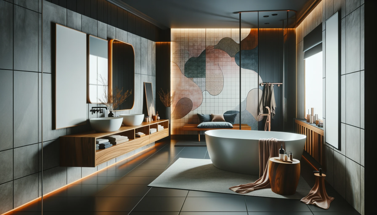 A chic, contemporary bathroom with a focus on a unique and stylish bathtub.