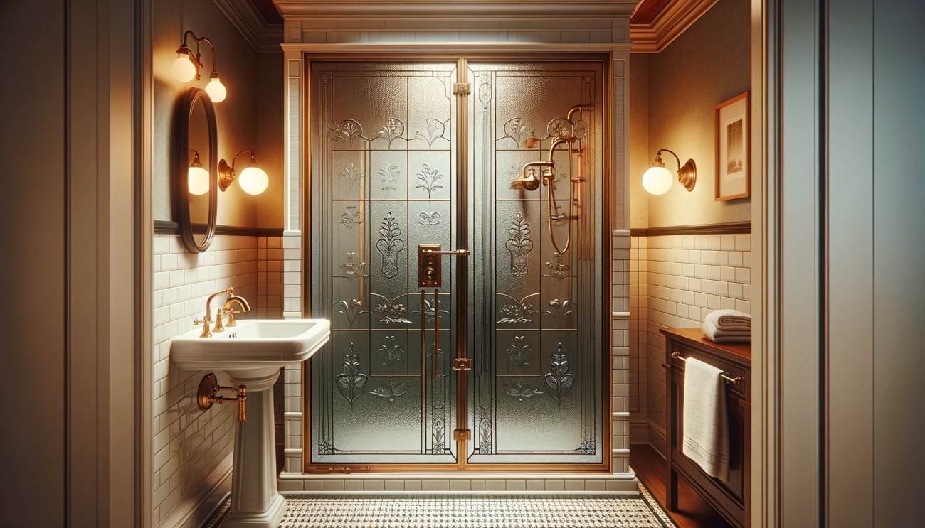 A traditional bathroom featuring a framed glass shower enclosure