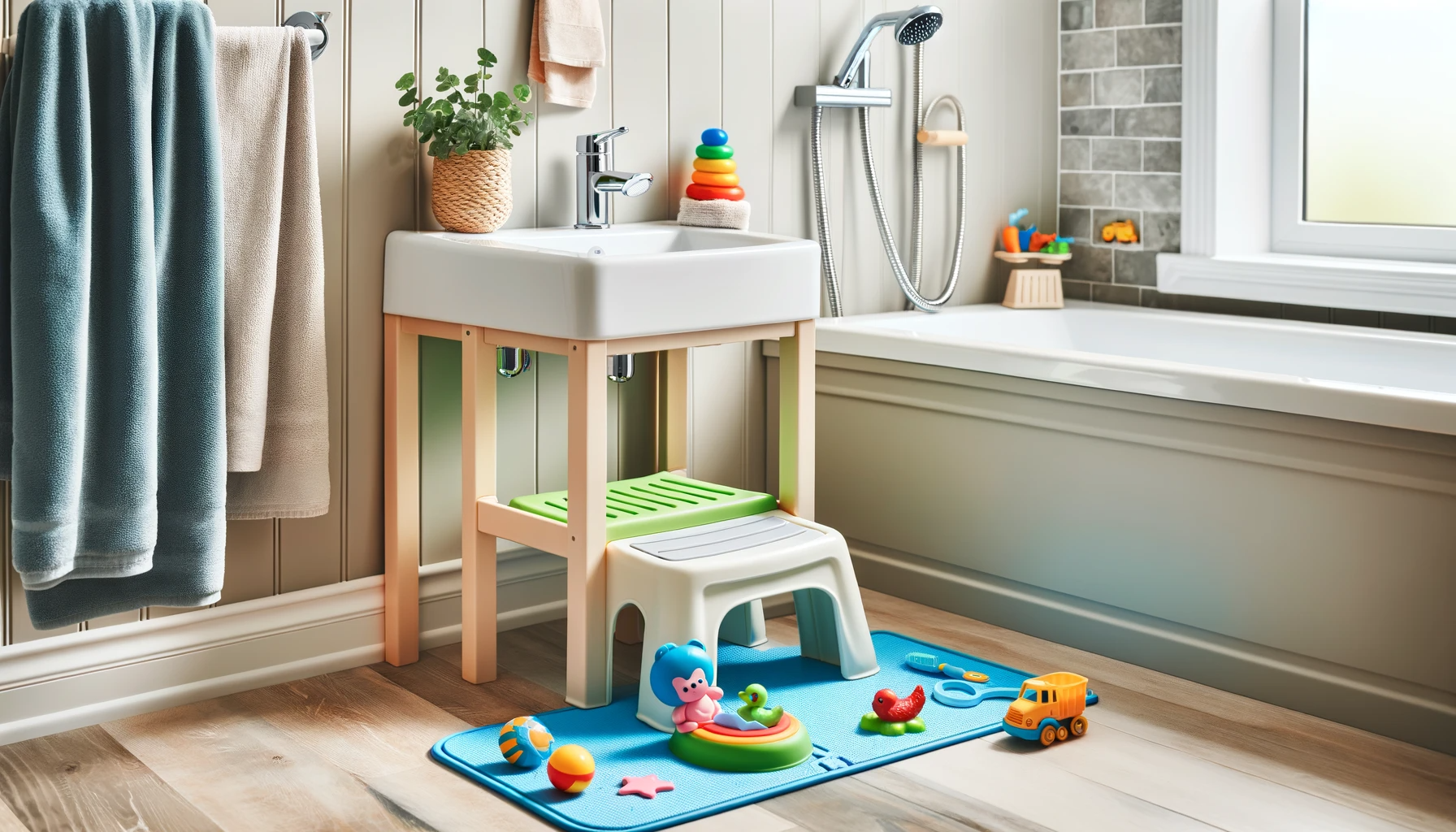 Child-friendly bathroom featuring a sturdy step stool by the sink