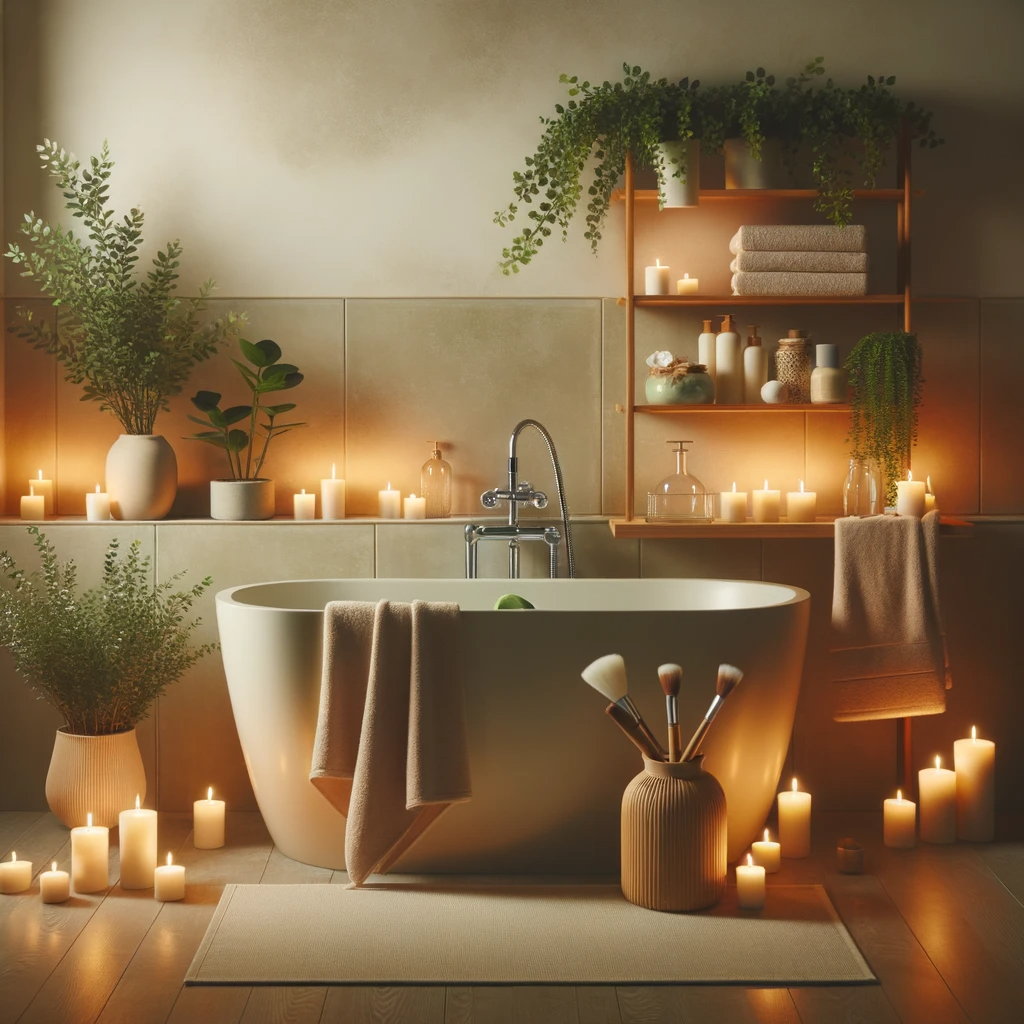 Modern bathroom with a freestanding bathtub, surrounded by candles and plants.