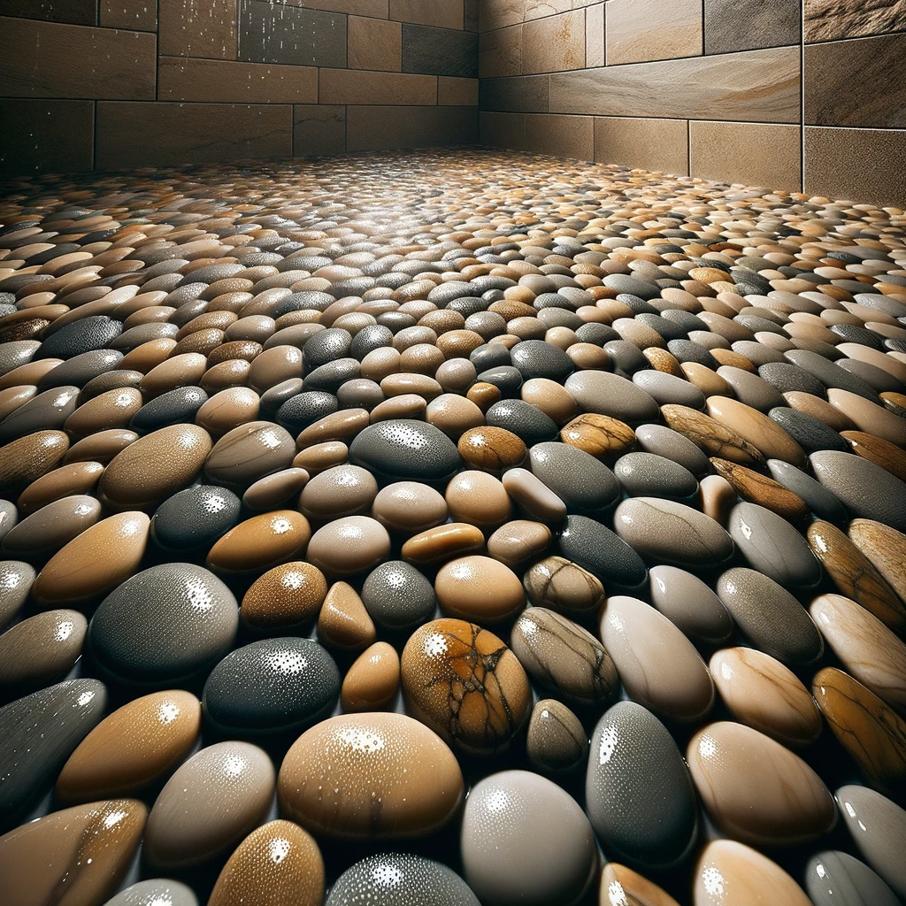 Pebble tiles installed on a shower floor, creating a natural and tactile element. The pebbles vary in color, from light beige to dark brown